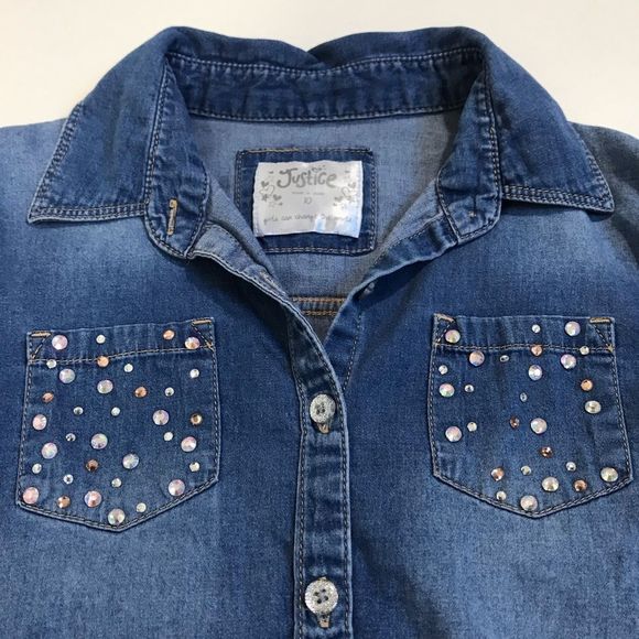 Justice Girl’s Embellished Chambray Shirt Sz 10 - Picture 4 of 9